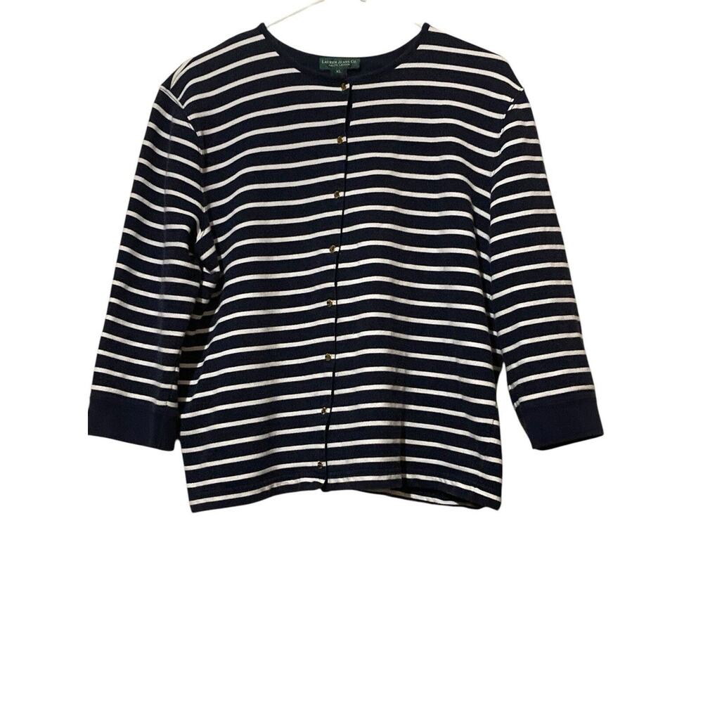 Ralph Lauren Sweater Womens XL Blue White Striped Button Front Long Sleeve VTG